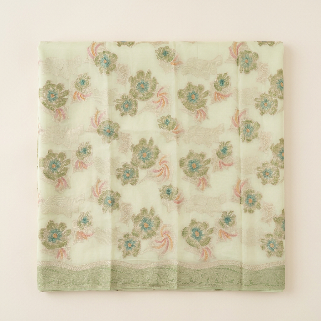 Straight overhead tight-fold pista green chiffon saree with muted floral design and green border