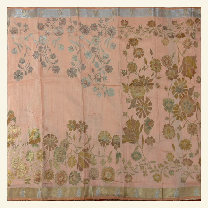 Full straight overhead view of pink floral vine chiffon saree with body pallu and borders visible