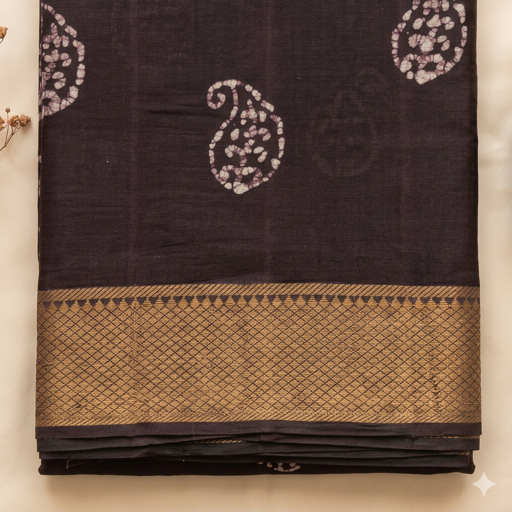 Gold-toned diamond-lattice border on dark purple cotton dance saree, close-up