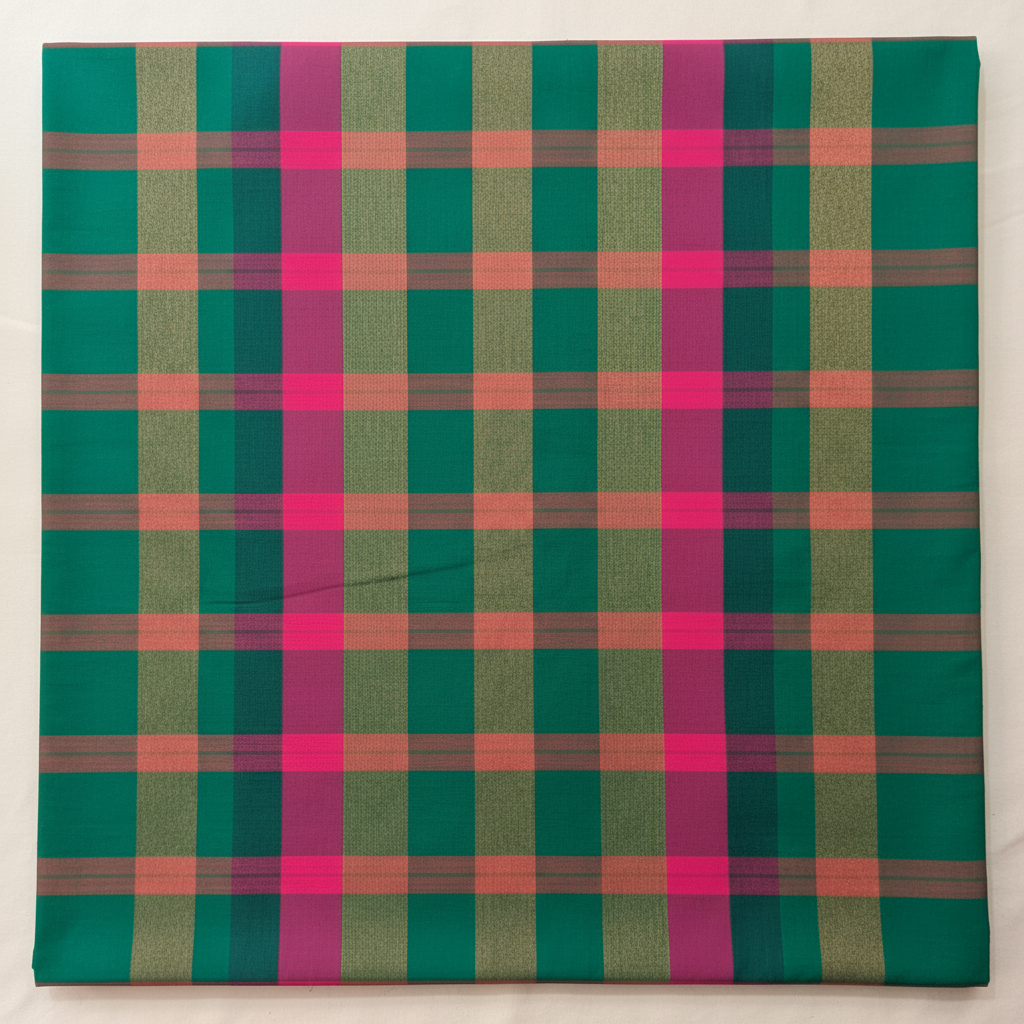 Close-up of the emerald-green cotton saree showing its muted taupe-brown and vivid hot-pink checked grid