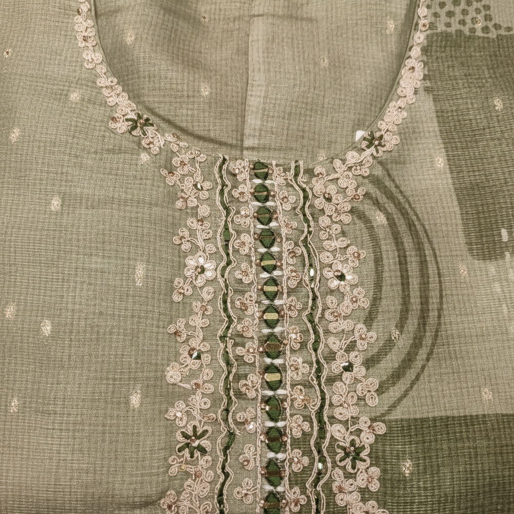 Close-up of white floral lace and mirror work neckline