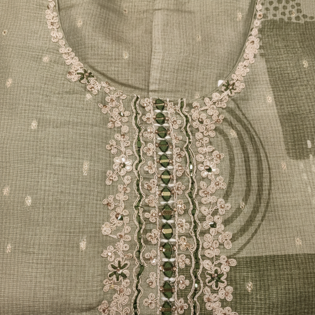 Close-up of white floral lace and mirror work neckline