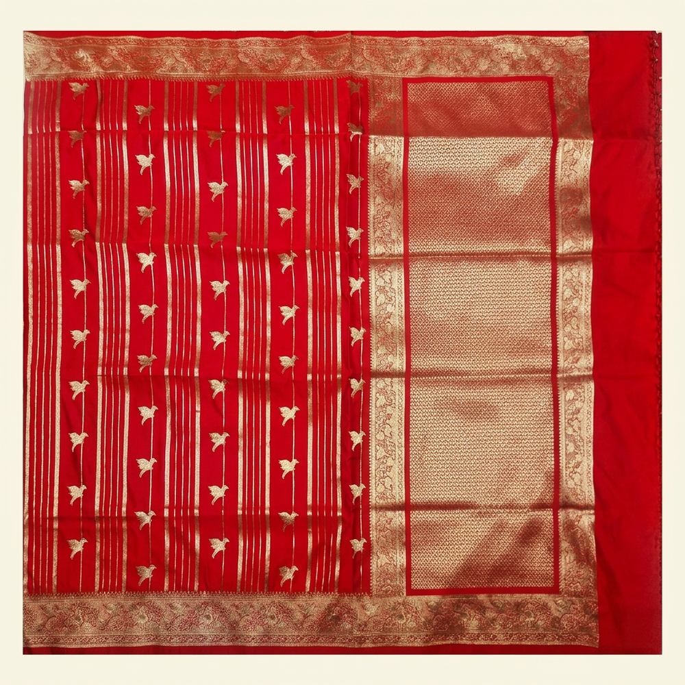 Upright overhead red semi Banarasi saree with metallic stripes, bird motifs and ornate lattice pallu