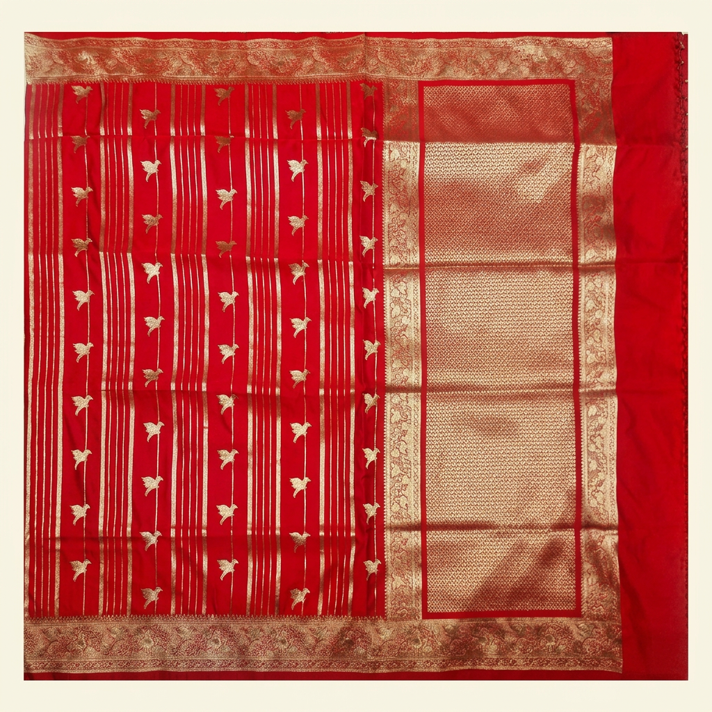 Upright overhead red semi Banarasi saree with metallic stripes, bird motifs and ornate lattice pallu
