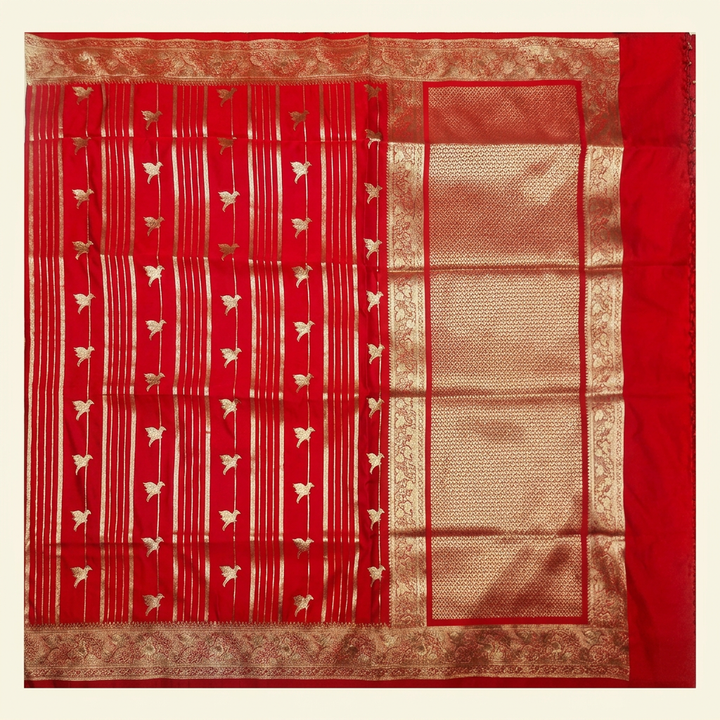 Upright overhead red semi Banarasi saree with metallic stripes, bird motifs and ornate lattice pallu