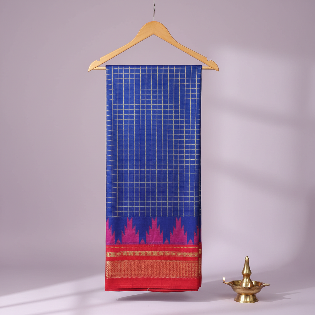 Royal-blue checked cotton saree with a magenta motif band and vivid red-gold border hanging on a wooden hanger against a pastel background with a brass diya
