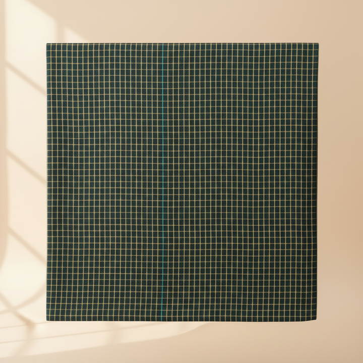 Close-up of the dark green and charcoal cotton saree with fine teal and mustard-gold checked weave