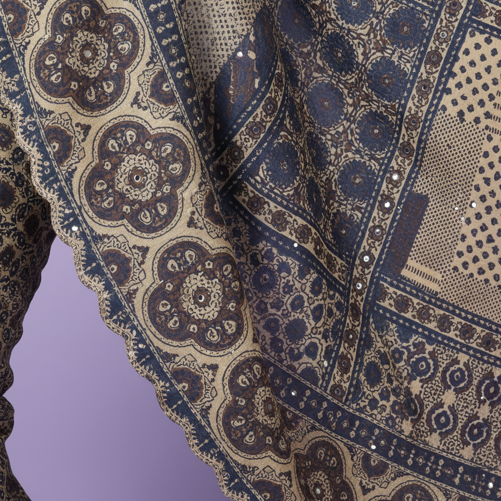 Close-up of the beige-cream pure satin crepe silk saree showing the panelled pallu, paisley details and scalloped border