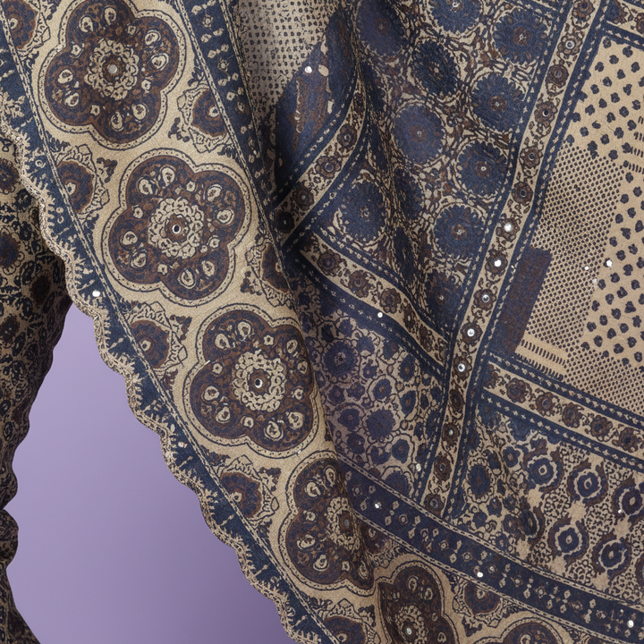 Close-up of the beige-cream pure satin crepe silk saree showing the panelled pallu, paisley details and scalloped border