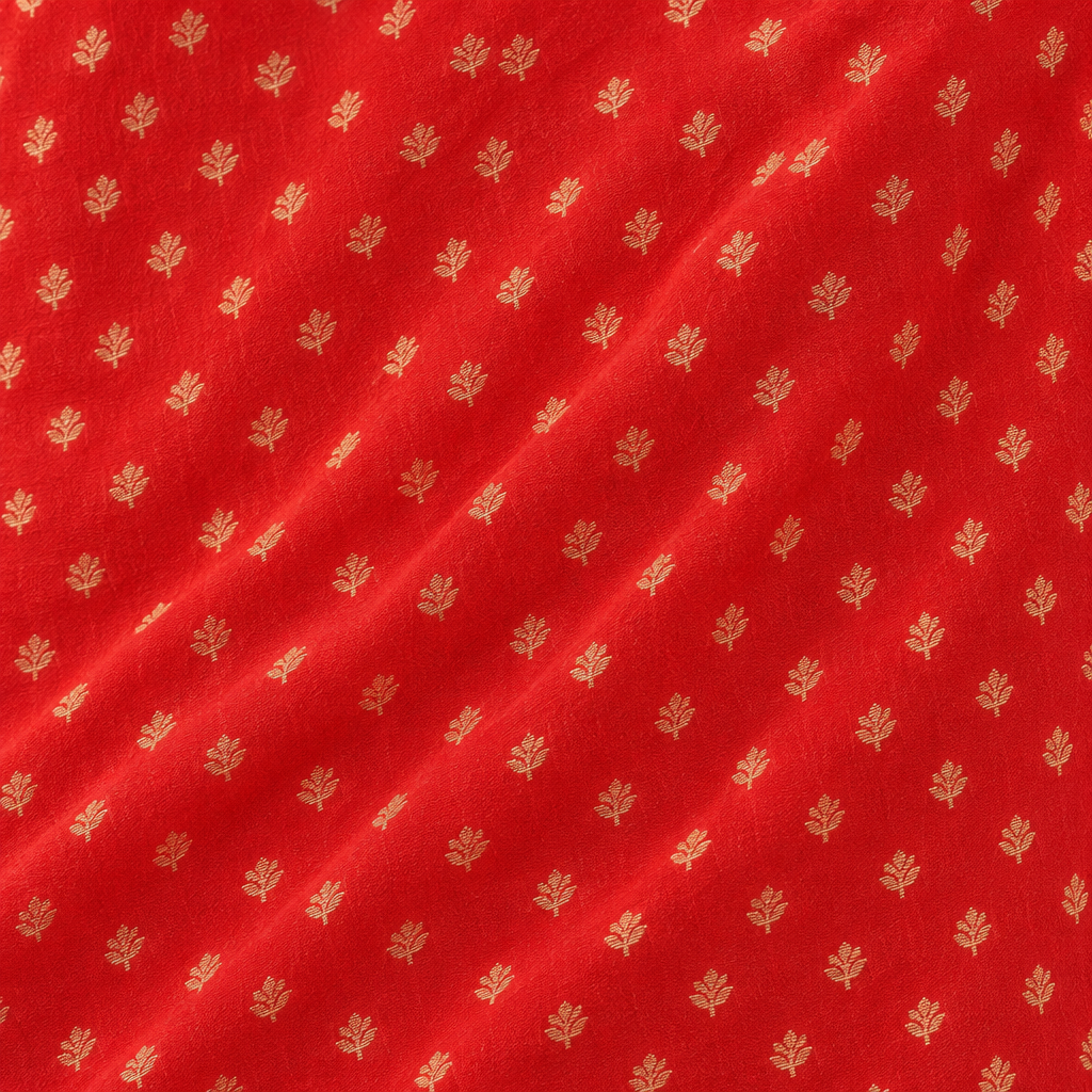 Close-up of the red Banaras georgette saree body with fine gold butti motifs