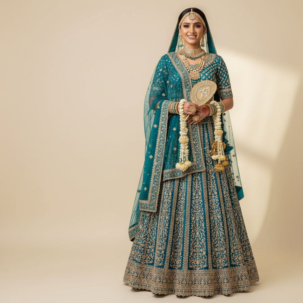 Teal Zari Embroidered Bridal Lehenga - With Fan