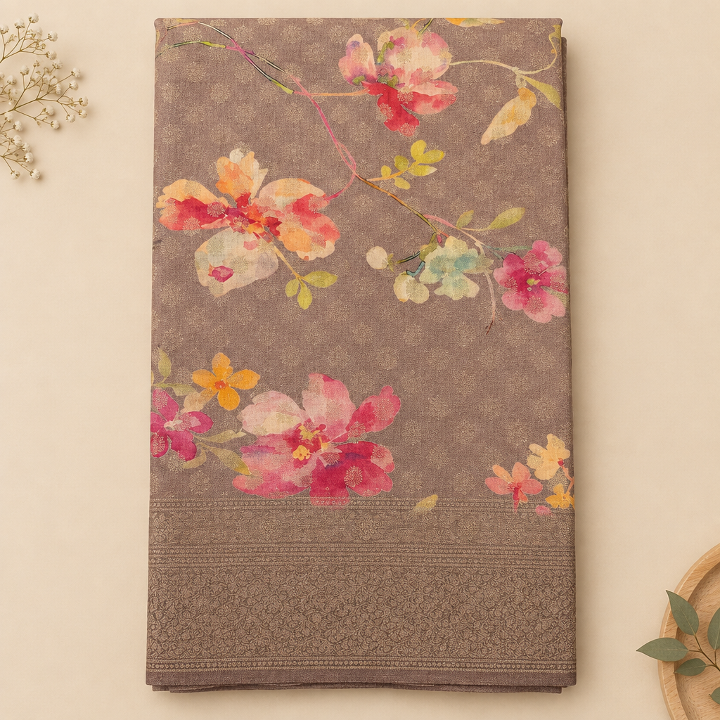 Close-up of multicolour floral print on muted lavender Tussar silk saree
