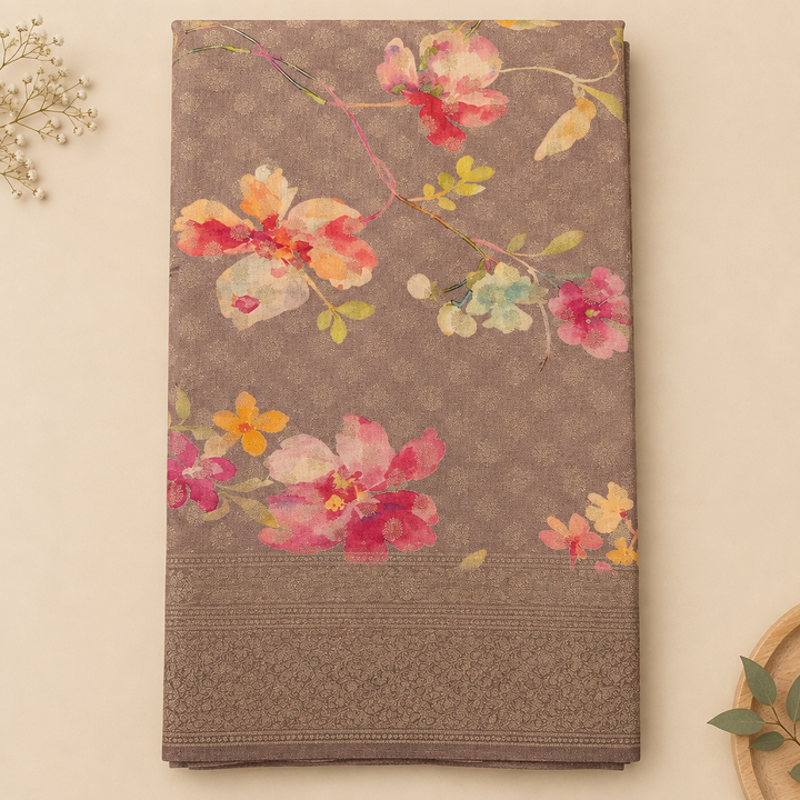 Close-up of multicolour floral print on muted lavender Tussar silk saree