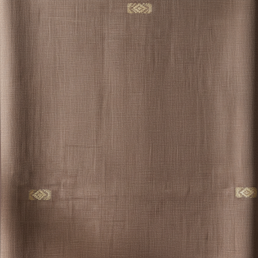 Close-up of the pale brown and taupe cotton saree showing its fine woven texture and scattered small antique-gold motifs
