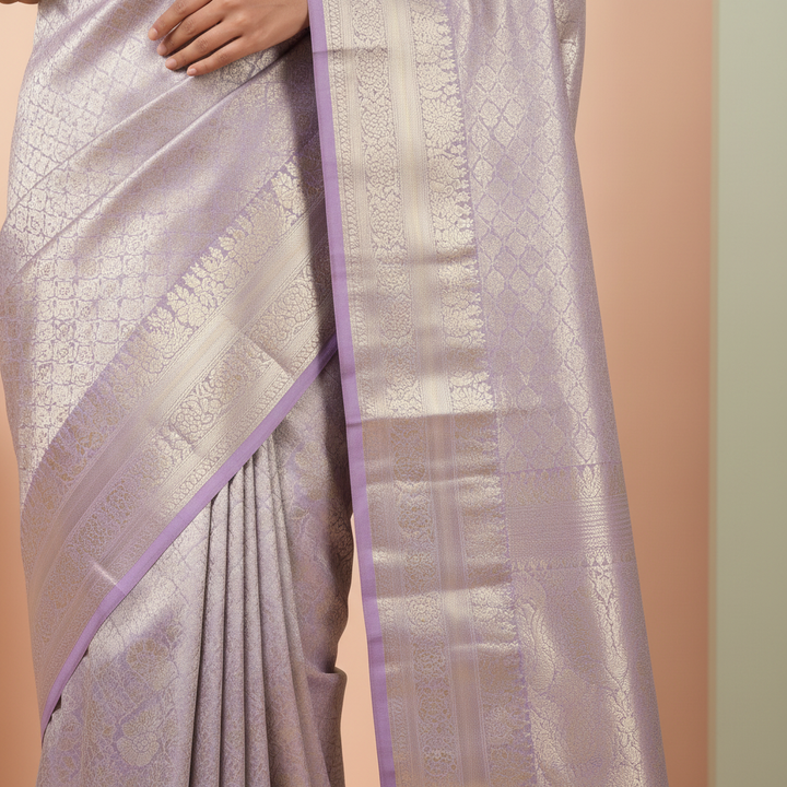 Close-up of the zari brocade border and pallu of the Kuberan lavender tissue pure silk saree