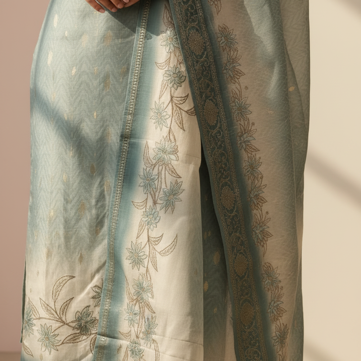 Close-up of dupatta with floral embroidery borders