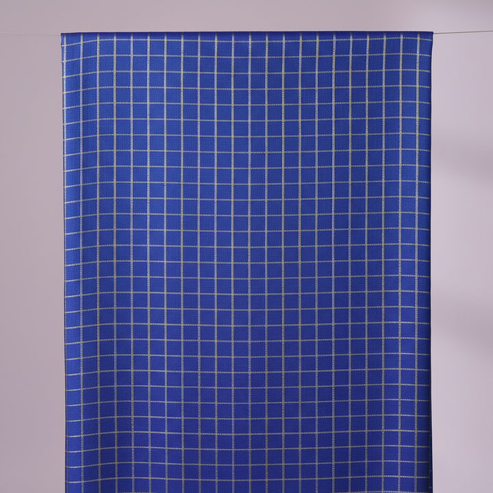 Close-up of the royal-blue and deep indigo cotton saree with its fine pale-gold checked grid