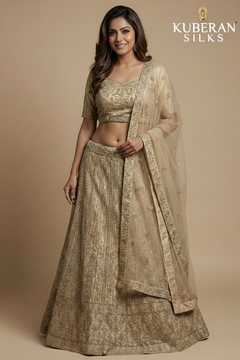 Golden embroidered net lehenga set with sequin work and Kuberan logo