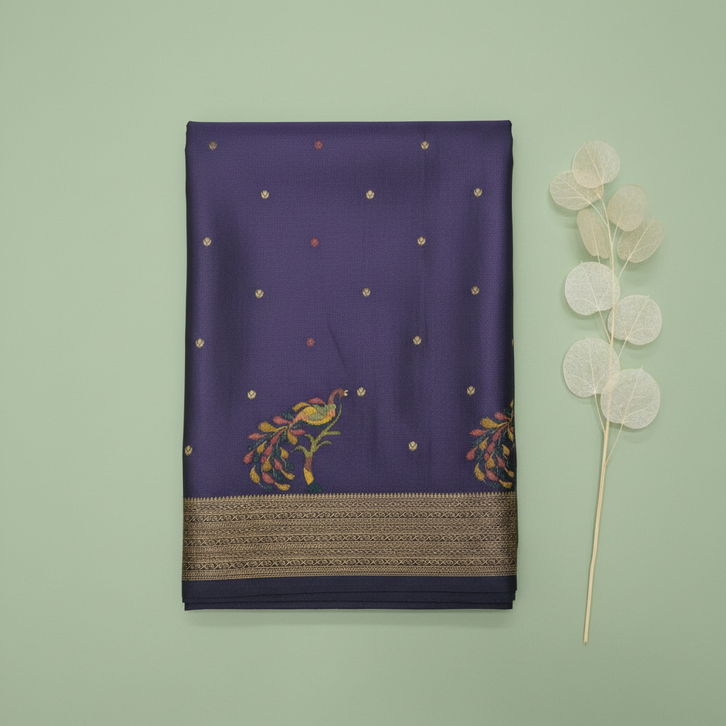 Royal Purple Silk Saree with Peacock Motif - Full View