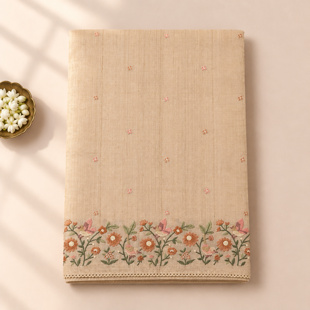 Kuberan beige pure Tussar silk saree folded upright on a pastel background with jasmine buds