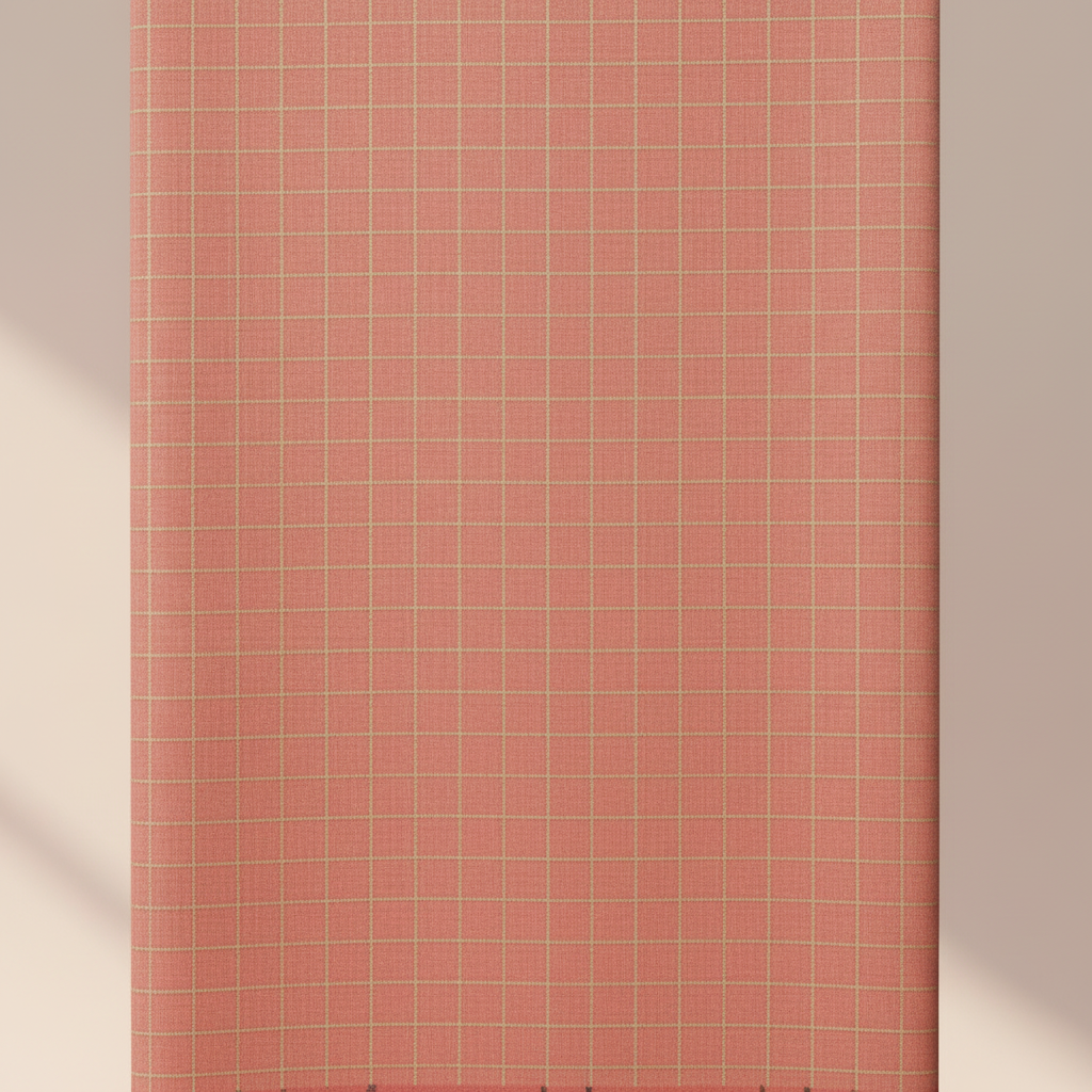 Close-up of the peach-coral cotton saree with its fine pale-gold checked grid