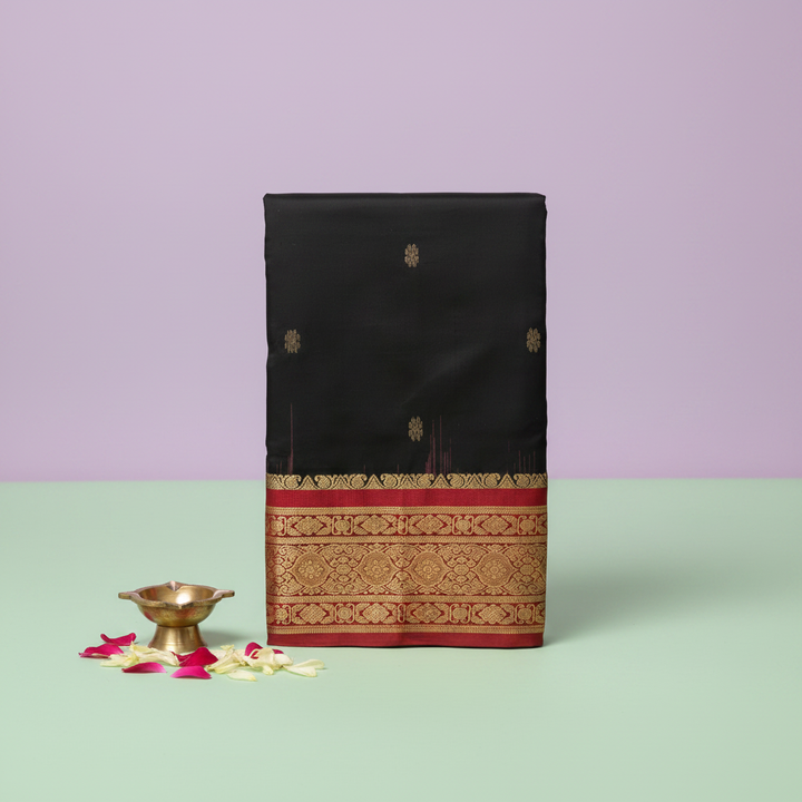 Black Kanchipuram silk dance saree – upright front view, pastel lavender background, dance theme