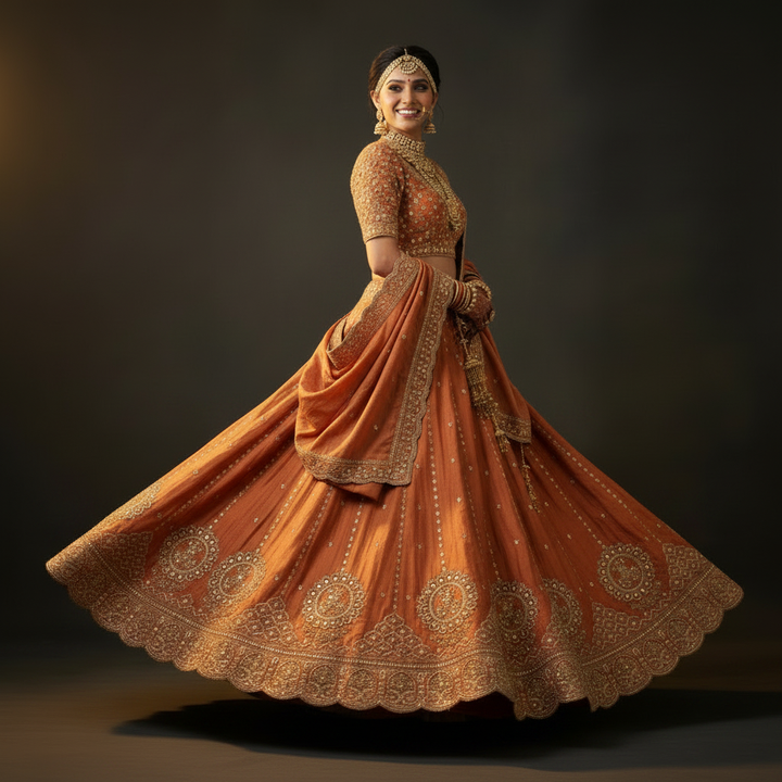 Low angle flare view - Rust Orange Bridal Lehenga