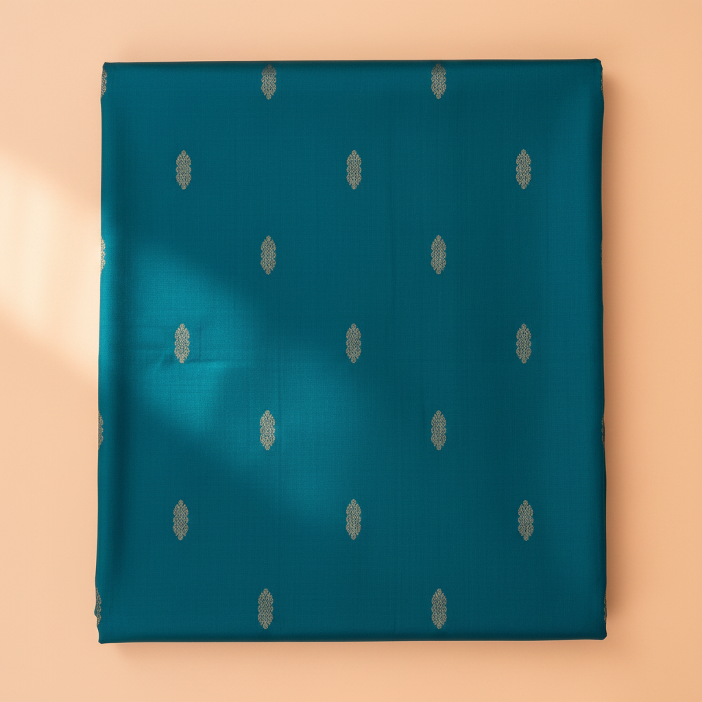 Deep blue pure silk saree body with gold zari motifs close-up