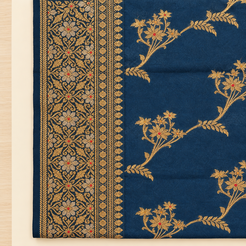 Close-up of broad ornate gold floral border on navy saree