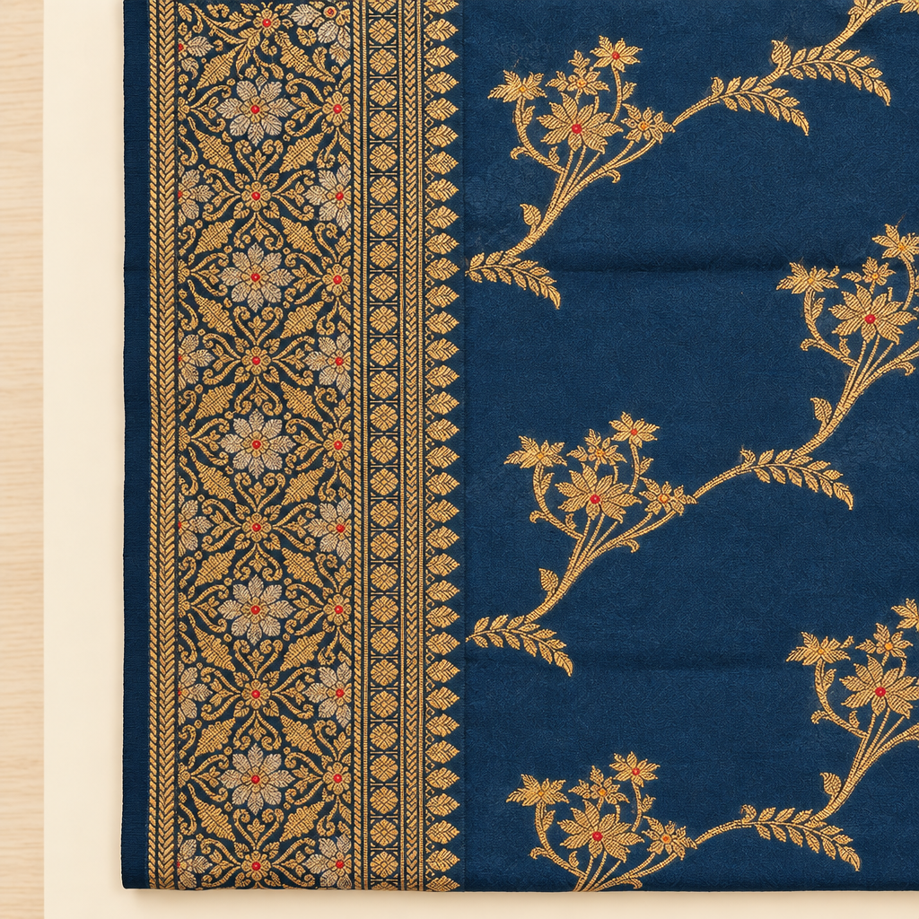 Close-up of broad ornate gold floral border on navy saree