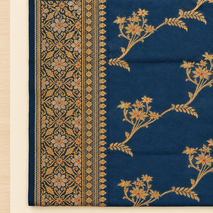 Close-up of broad ornate gold floral border on navy saree