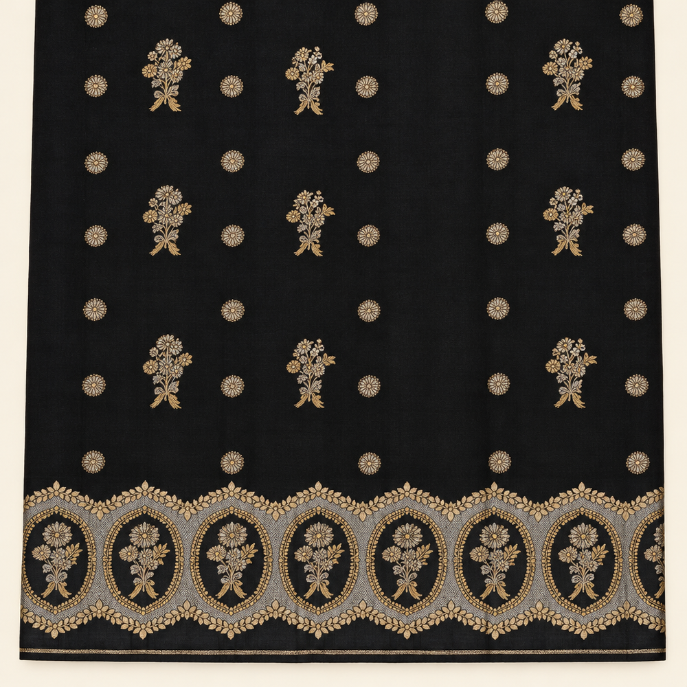 Black saree floral butta body and ornate gold-toned medallion border close-up