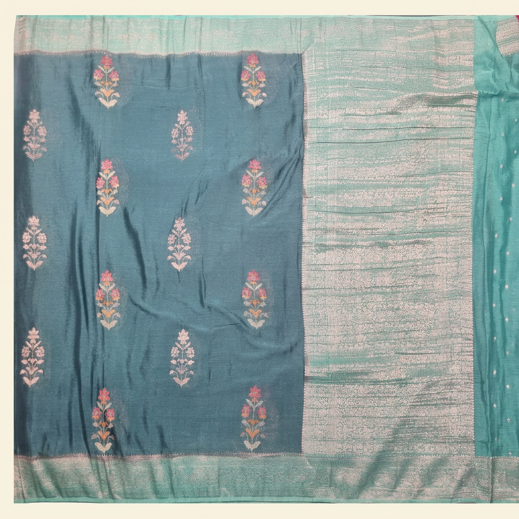 Upright blue Khaddi georgette saree with pink floral buta and pale metallic pallu