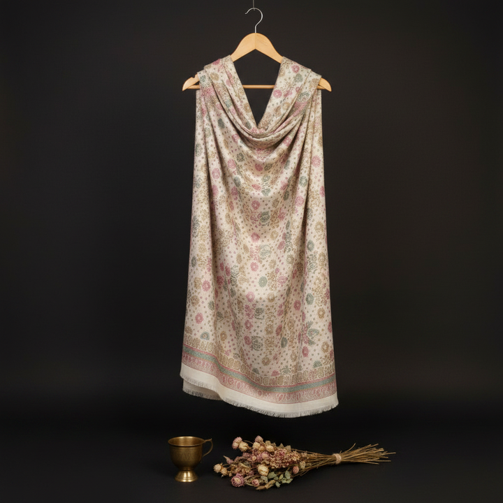 Ivory Pashmina Blend Shawl - Side Angle Dark Background