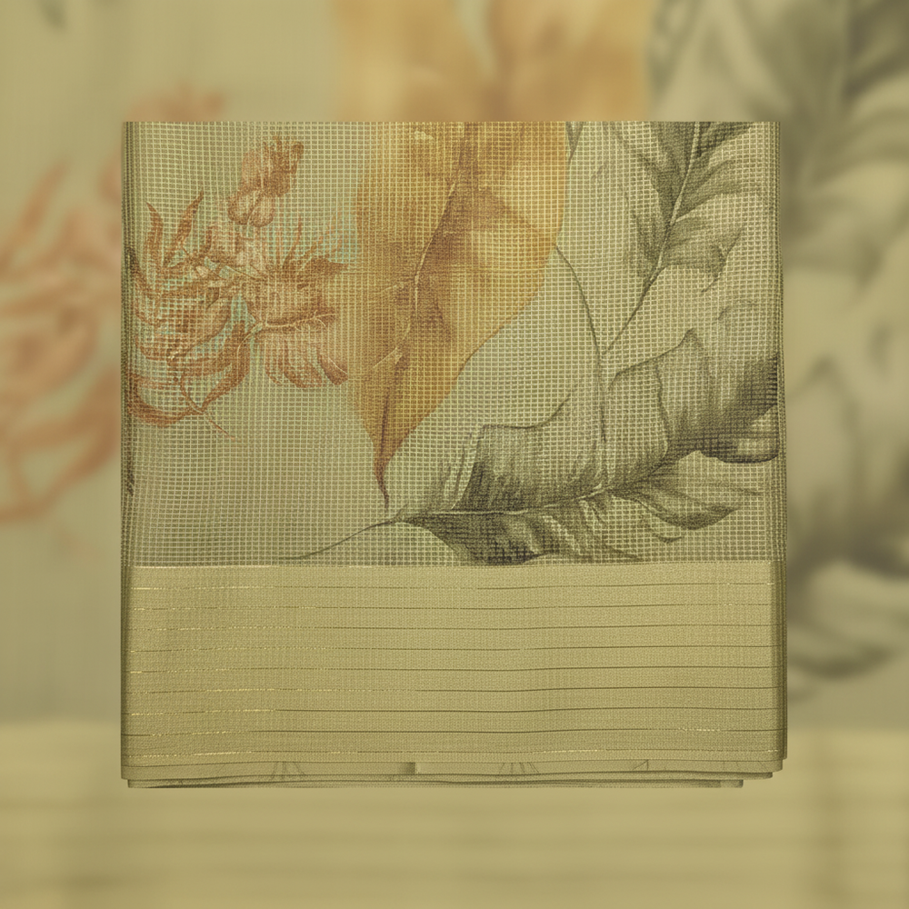 Close-up of the green Kota cotton saree botanical floral weave