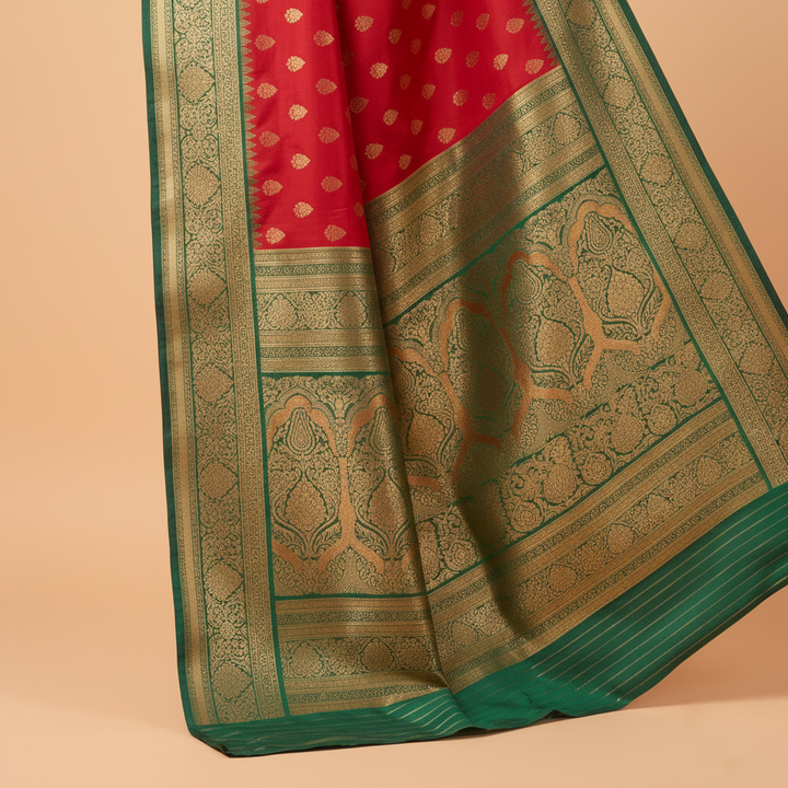 Red and green brocade semi-silk saree antique-gold pallu close-up