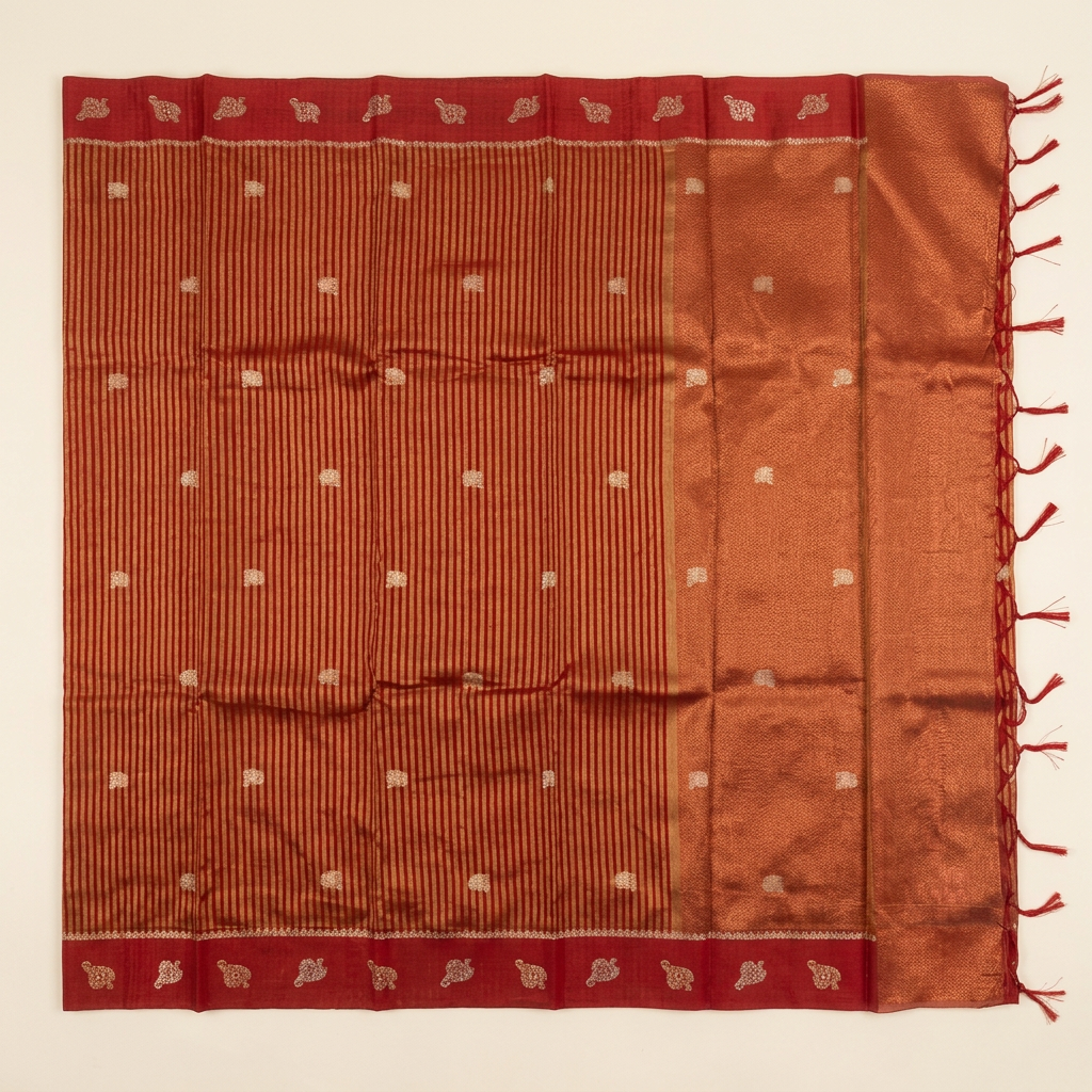 Upright view of rust-red tissue Paithani saree with gold-toned stripes, paisley border and copper pallu