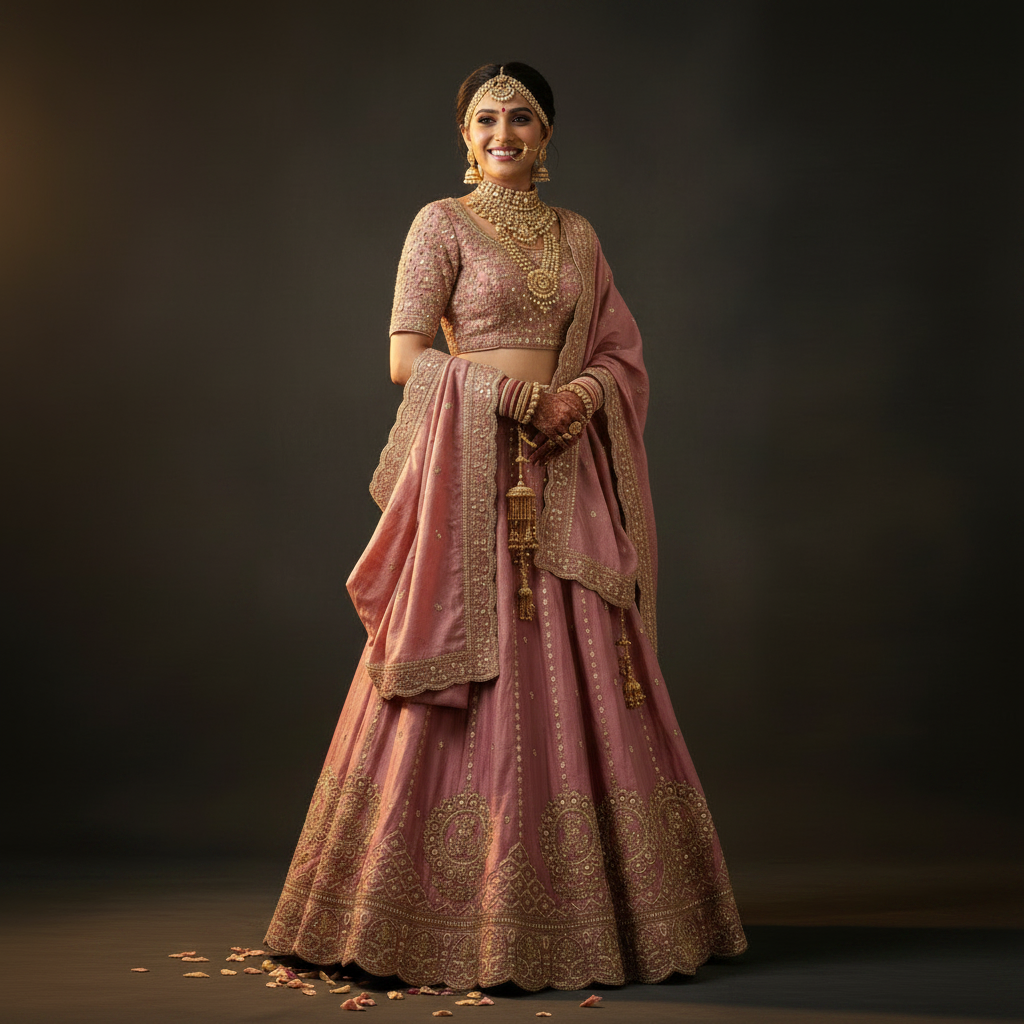 Front view - Dusty Rose Pink Bridal Lehenga