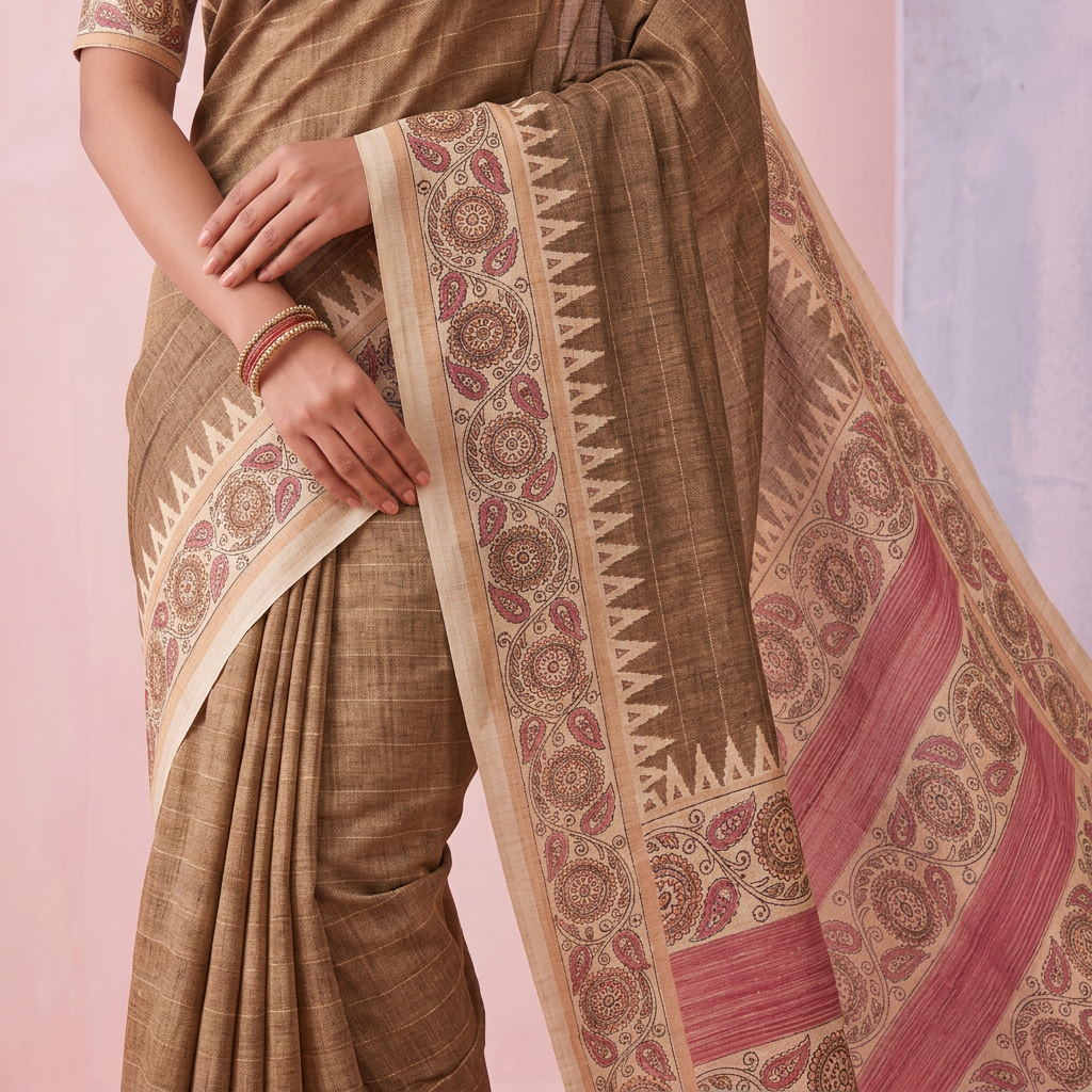 Close-up of brown saree body with cream floral motif border and triangular edging