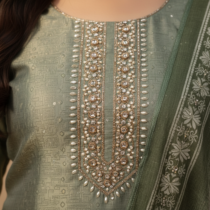 Close-up of pearl embellished neckline detail