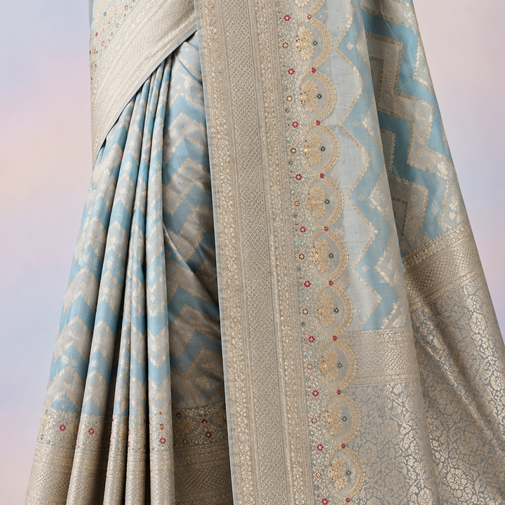 Close-up detail of sky blue pure Banarasi silk saree