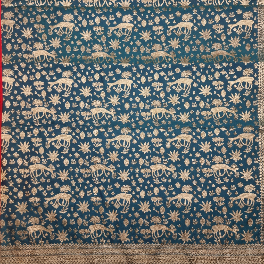 Close-up of blue saree body with metallic animal figures, leaves, buds and flowers