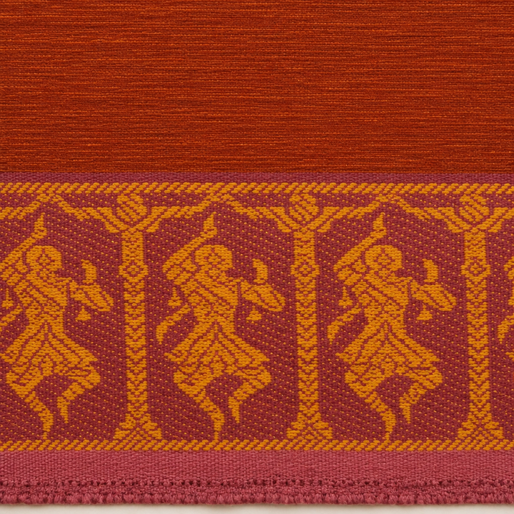 Close-up of mustard gold dancer figures on maroon border of rust cotton saree