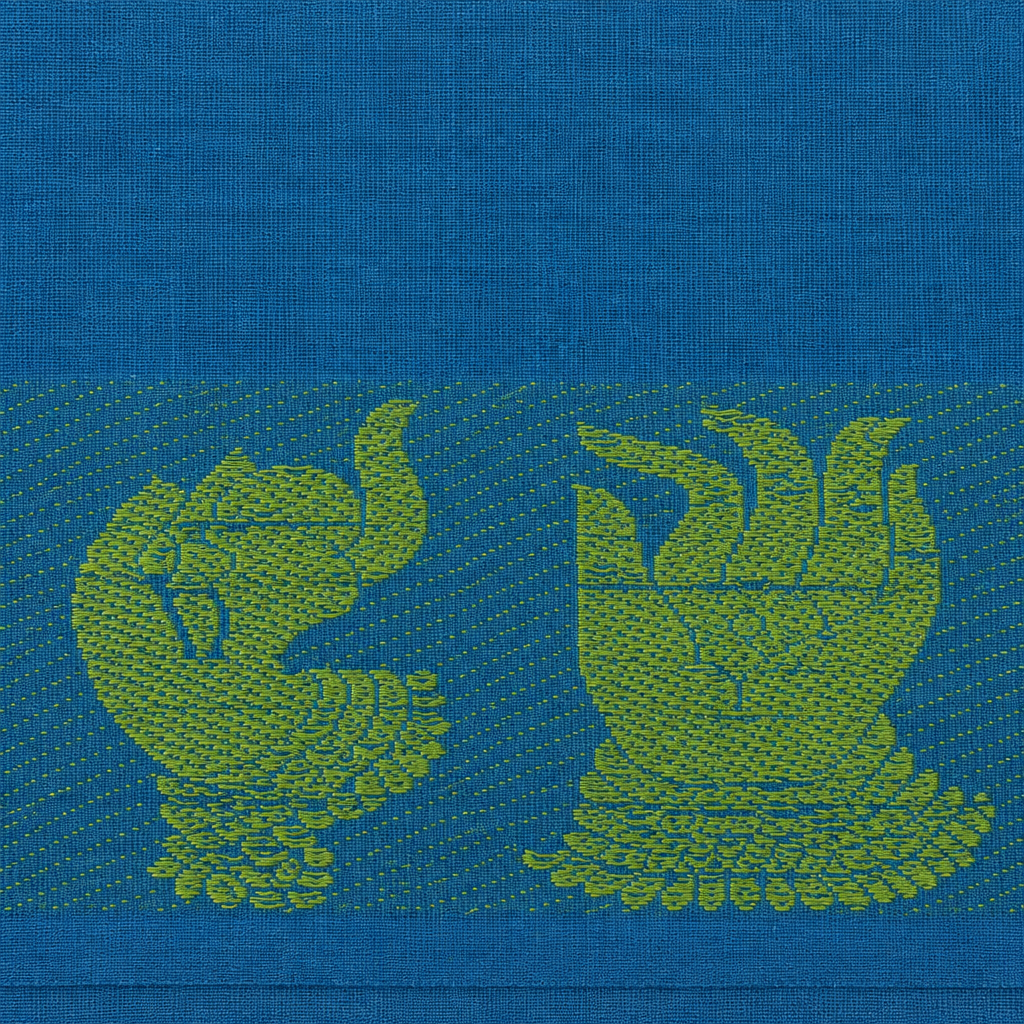 Close-up of parrot green woven elephant motifs on blue saree pallu