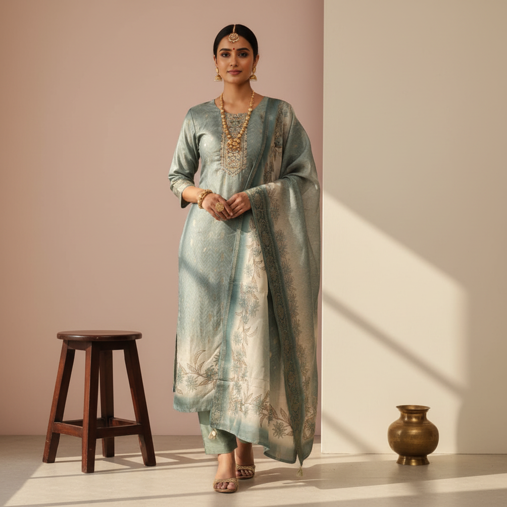 South Indian lady wearing sage green salwar kameez with embroidered neckline