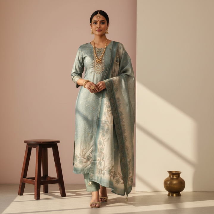 South Indian lady wearing sage green salwar kameez with embroidered neckline
