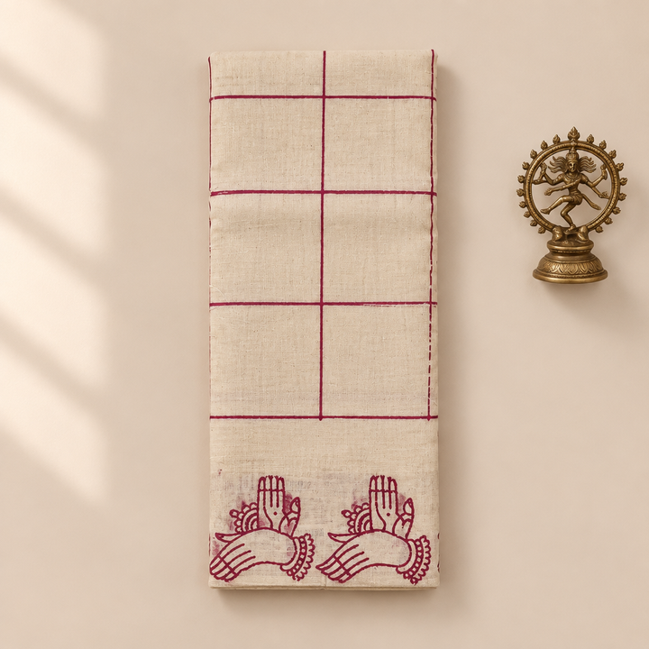 Cream checked cotton dance saree with maroon mudra print, folded flat lay with Nataraja prop