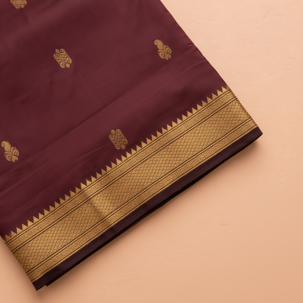 Broad gold zari border on a dark brown 9-yard pure silk saree close-up