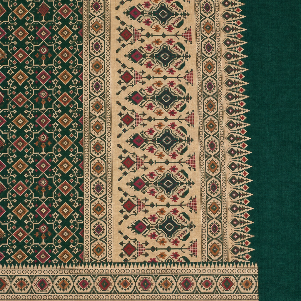Bottle green saree ornamental cream-gold pallu and pointed border close-up