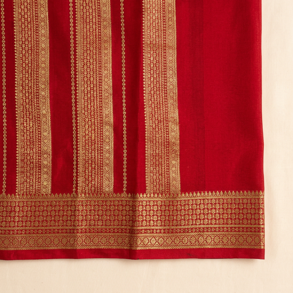 Close-up of the red contrast section with dense gold zari woven bands and ornate gold border